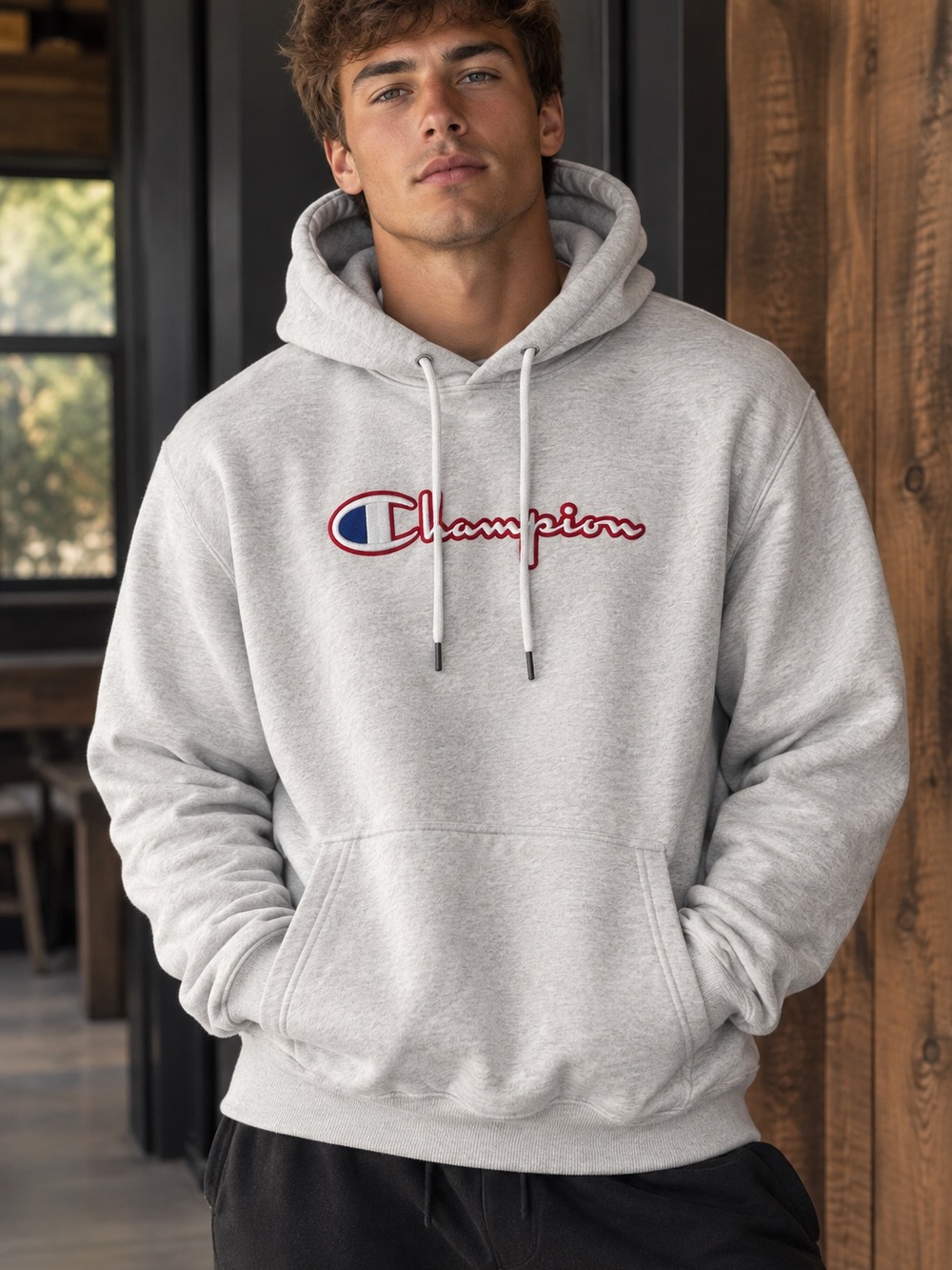 Champion Light White Pullover Hoodie with Red & Blue Logo